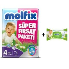 Molfix Süper Fırsat Paketi No:4 Maxi 74 Adet  Bebek Bezi Islak Mendil Hediye